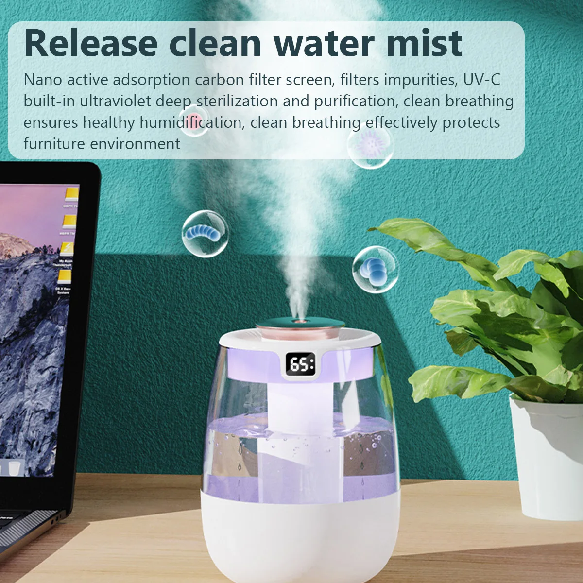 Air Humidifier Large Capacity USB Double Spray Humidifier Silence Humidifier with Intelligent Digital Display for Home Office