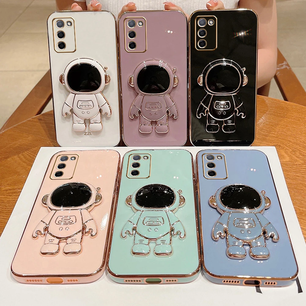 For OPPO A16 Case Oppo A16S A54S Electroplated astronaut folding stand case CPH2269 CPH2273 lens Camera protector silicone cover