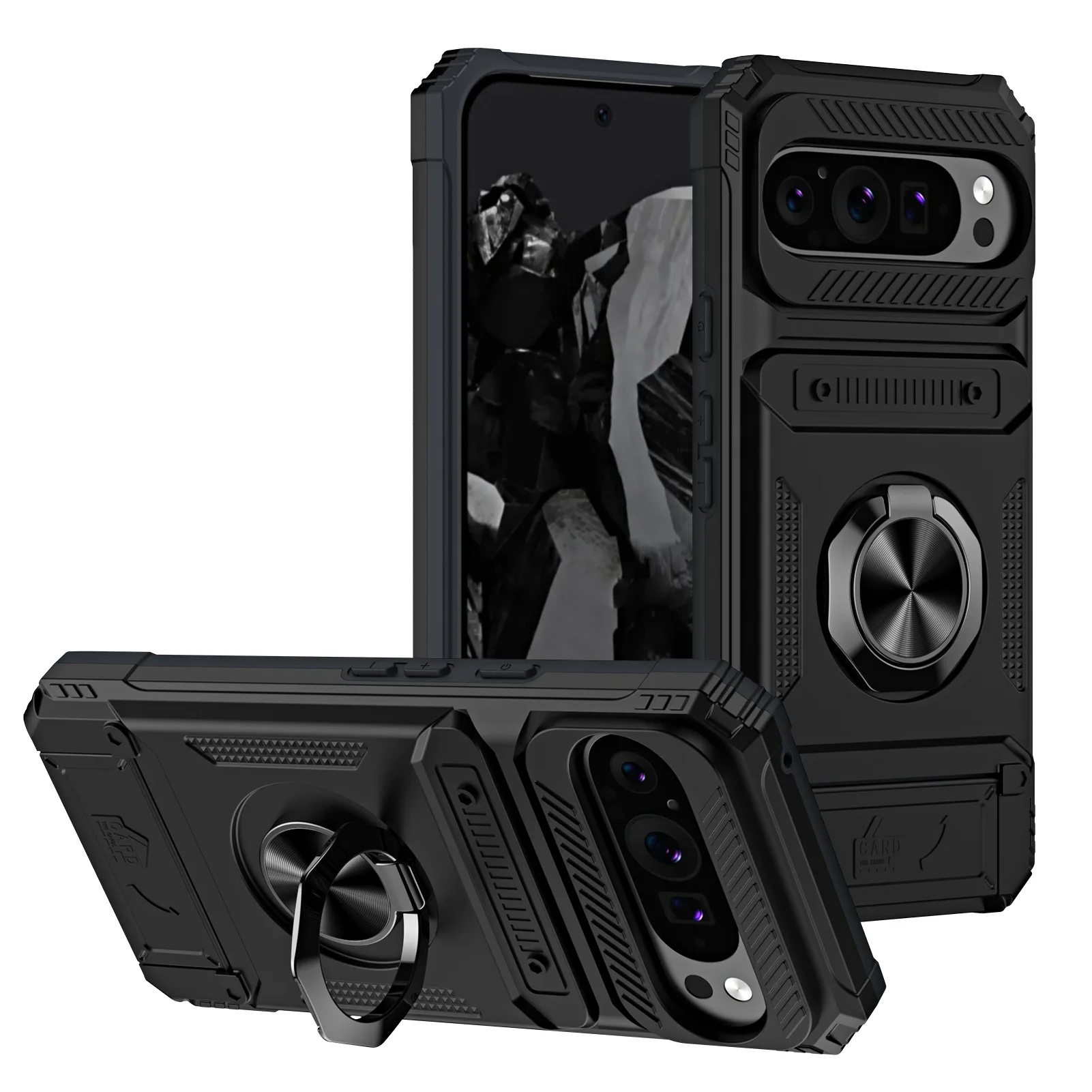 

For Google Pixel 9 Pro XL/9a Phone Case Armor Magnetic Metal Holder Portable Card Wallet Shockproof Protective Tpu+Pc Hard Cover