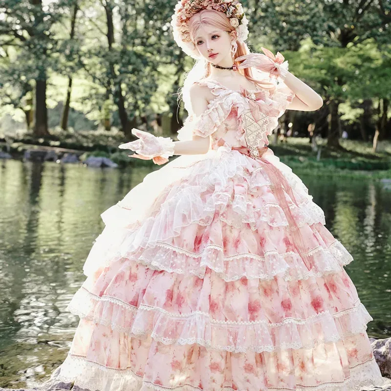 DY20 페어리 스타일 정교한 레이스 플라워 오프숄더 슬림 드레스 여성용 빅토리아풍 로리타 드레스 스위트 볼 가운 할로윈 D