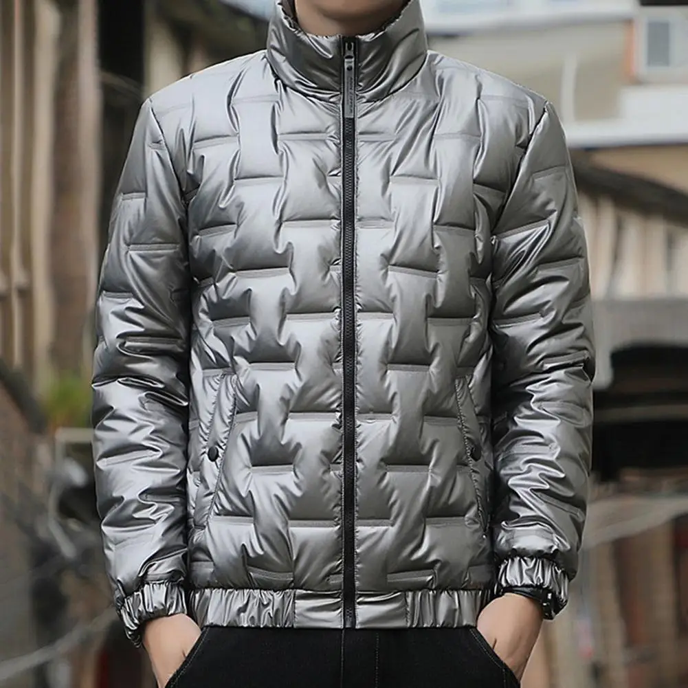 Winter Men Cotton Coat Cold-proof Stand Collar Zipper Placket Puffer Jacket Windproof Elastic Hem Quilted Outwear With Pockets