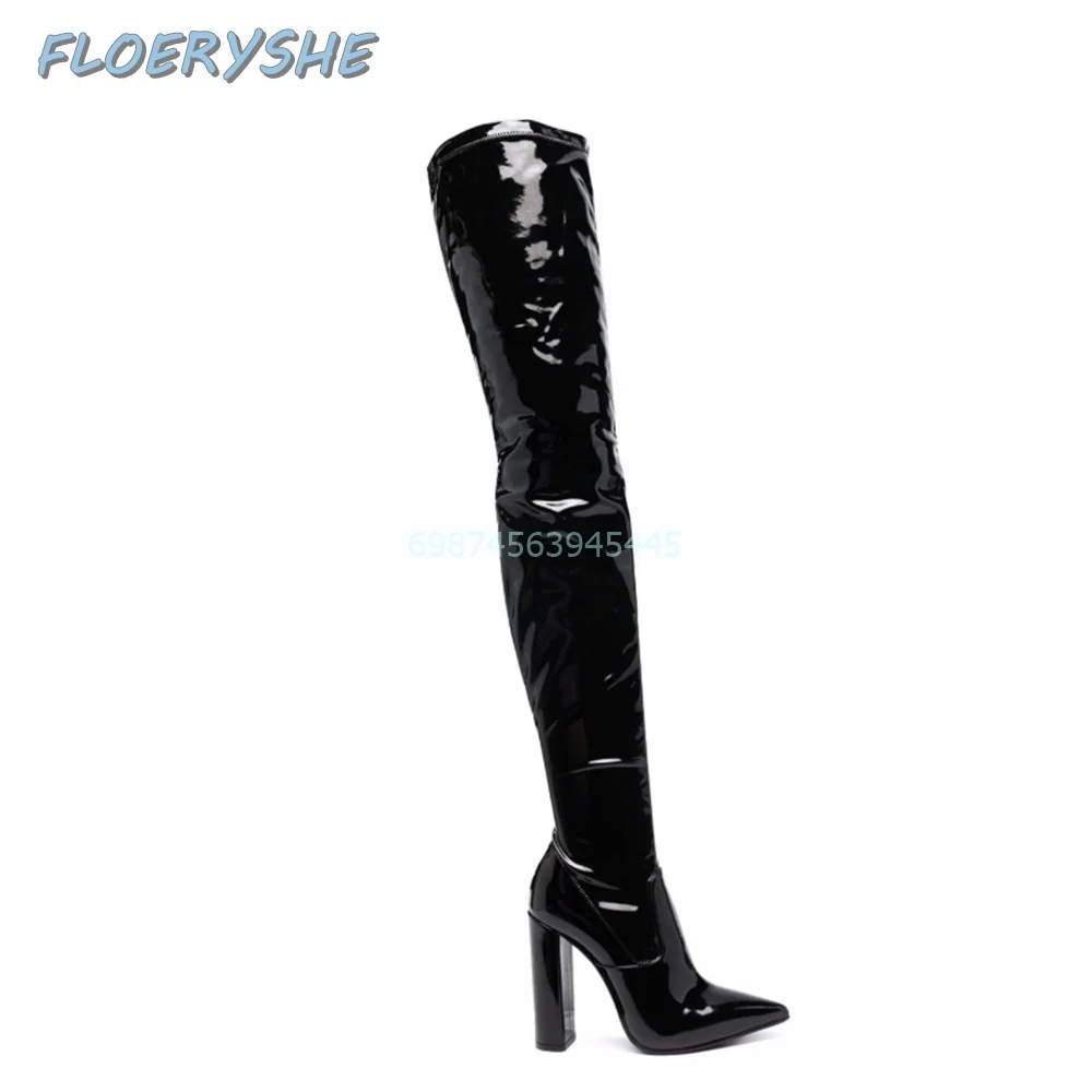 Sexy Solid Boots Patent Leather Metal Thin Heel Zipper Over-the-Knee Night Club 2024 Fashion Black Red Pointed Toe Winter Women