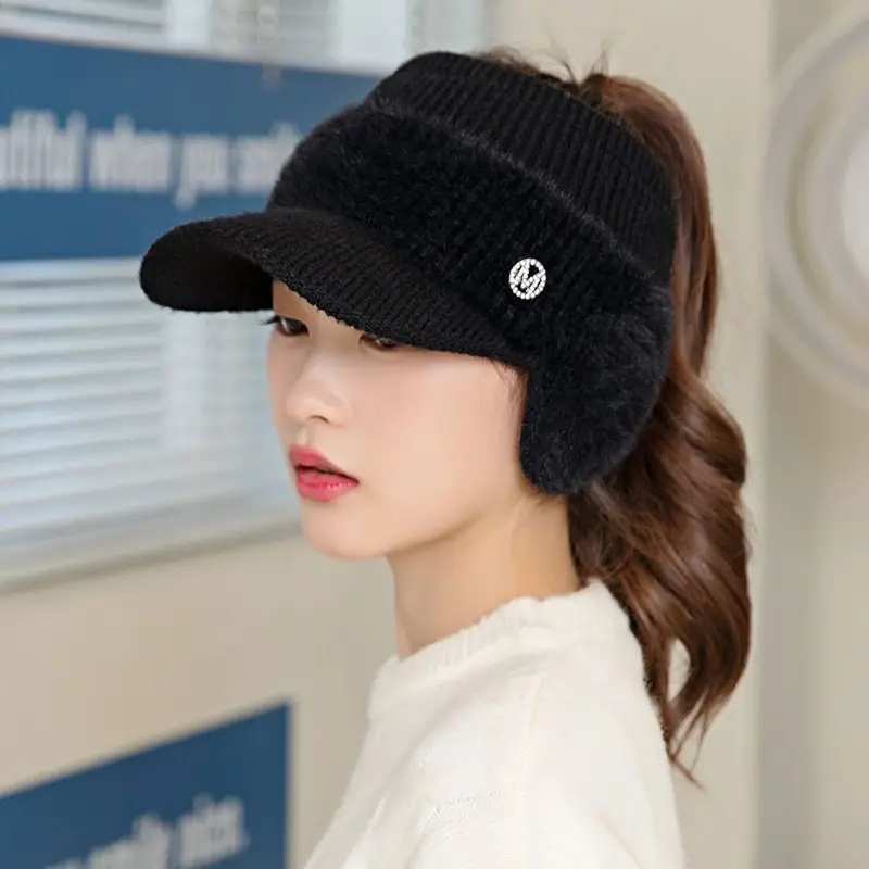 

Autumn and Winter Women's Ear Protection Winter Hat Fashion Peaked Cap Air Top Polyester Woolen Cap Riding Cold-Proof Knitted Ha