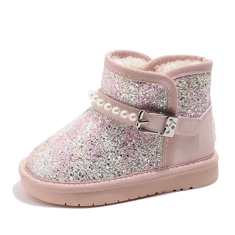 2024 New Children Shoes Waterproof Winter Cotton Inserts Snow Boots Shiny Upper Soft Sole Girl Sneakers Зимние Ботинки Детские