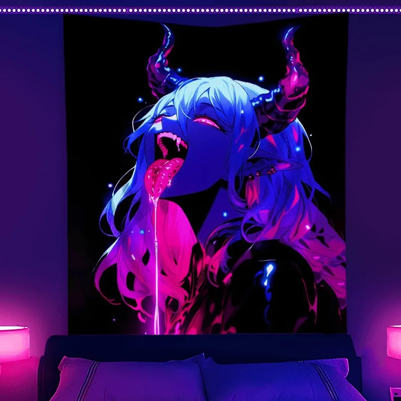 Anime Design Neon Tapestry Mysterious Pink Devil Pattern Fluorescent UV Tapestry UV Reaction