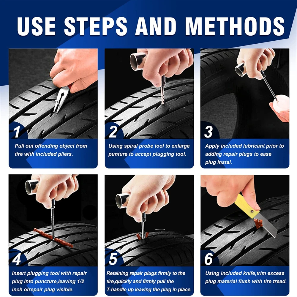 46PCS Motorcycle Tubeless Tire Repair Anti-puncture Kit Flat Tyre Repair Kit Car Tires Patch Repair Automotive Tools Set