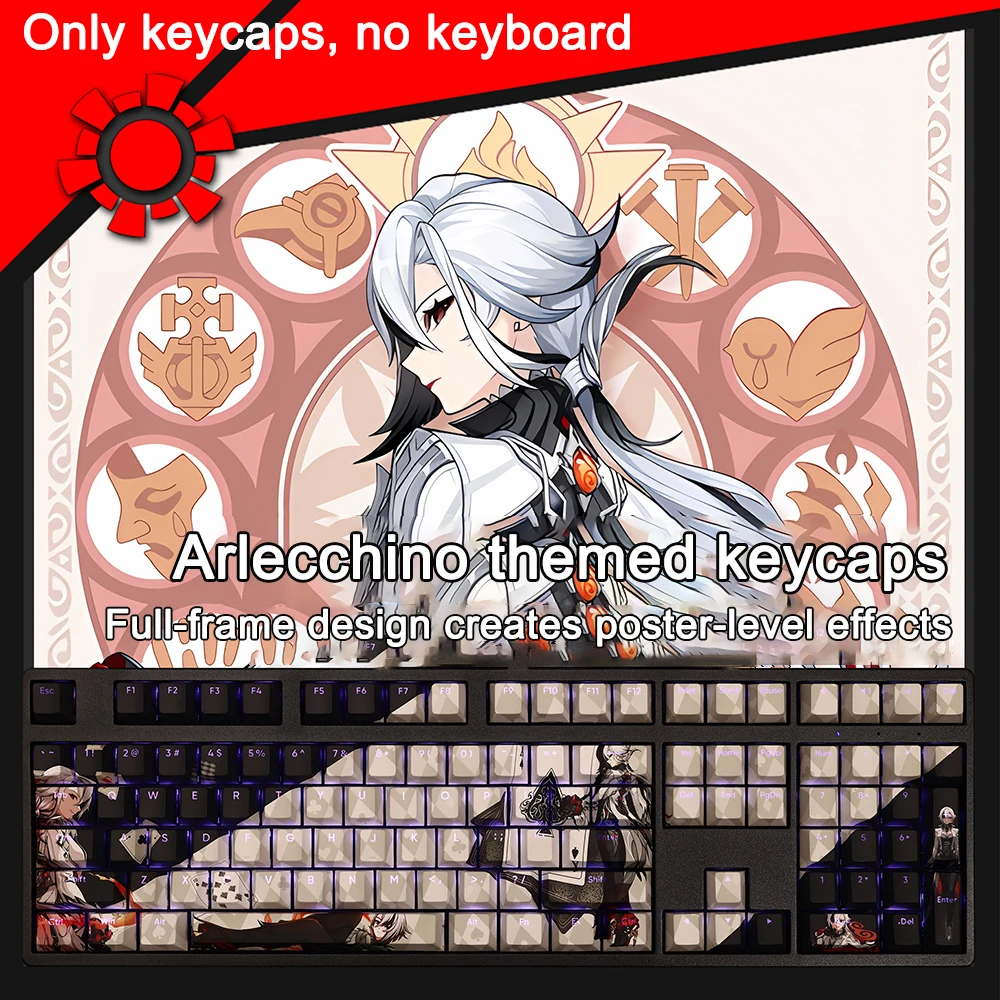 Genshin Impact Keycaps 108 Keys/set Arlecchino PBT Dye Subbed Keycap Cherry Anime Cartoon Gaming Key caps For ANSI 61 87 104 108