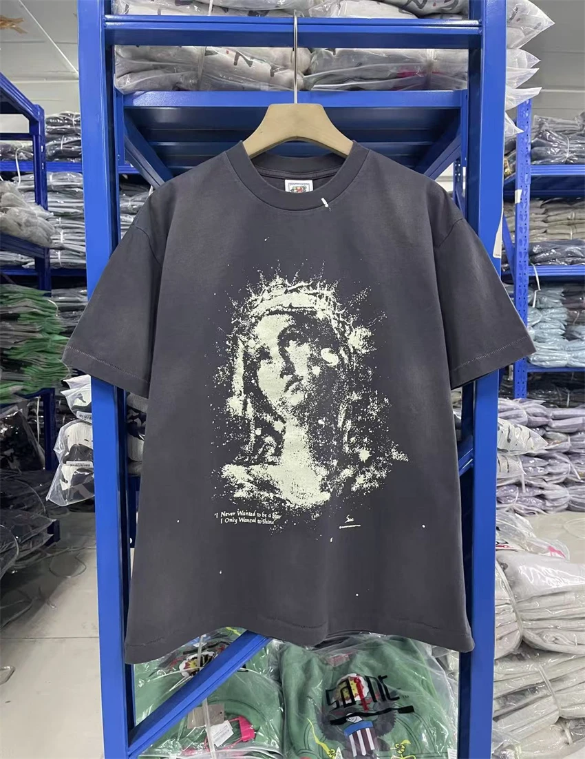New SAINT Night Light Portrait Pattern Printed Washed Vintage Round Neck Short Sleeve Street Casual Loose Cotton Trendy T-shirt