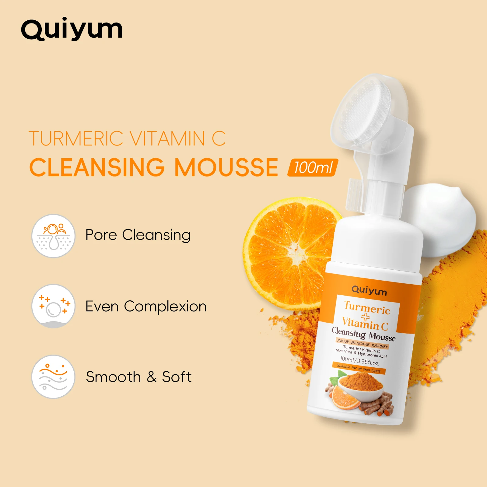 Quiyum Turmeric Vitamin C Cleansing Mousse 100ml Pore Cleansing Even Complexion Smooth & Soft Foam Cleanser with Built-In Brush