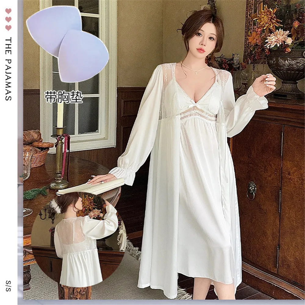 

Ледяной шелк, женский длинный комплект-двойной халат, ночная рубашка, сексуальное кружевное кимоно сзади, ночная рубашка на подтяжках, свободная повседневная домашняя одежда, пеньюар