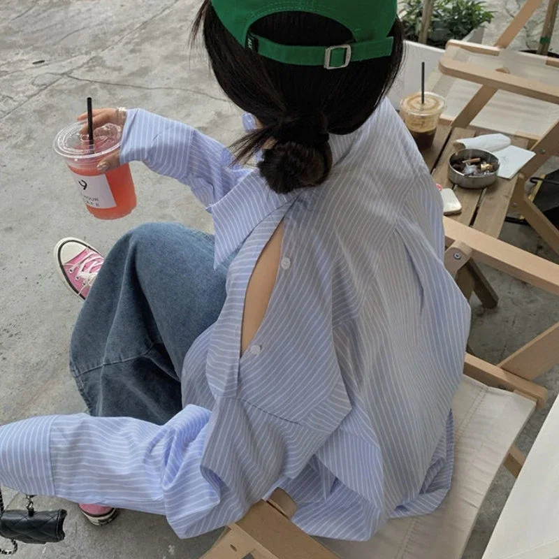 Chemises à revers rayées pour femmes, décontracté, simple, style coréen, confortable, tout match, évidé, mode féminine, 03, printemps