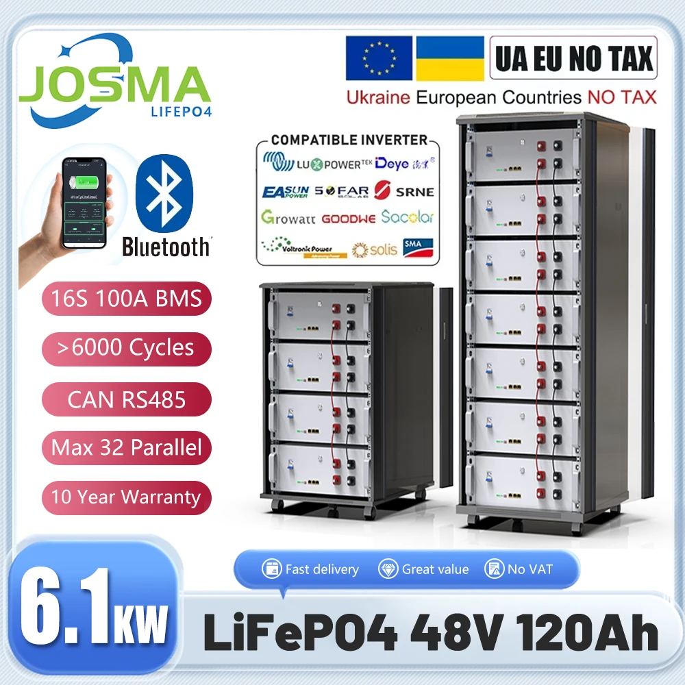 LiFePO4 48V 120Ah 6Kwh Battery Pack 6000 Cycle Bluetooth 16S 200A BMS 51.2V 100Ah 150Ah 200Ah 300Ah Lithium Battery EU UA NO TAX