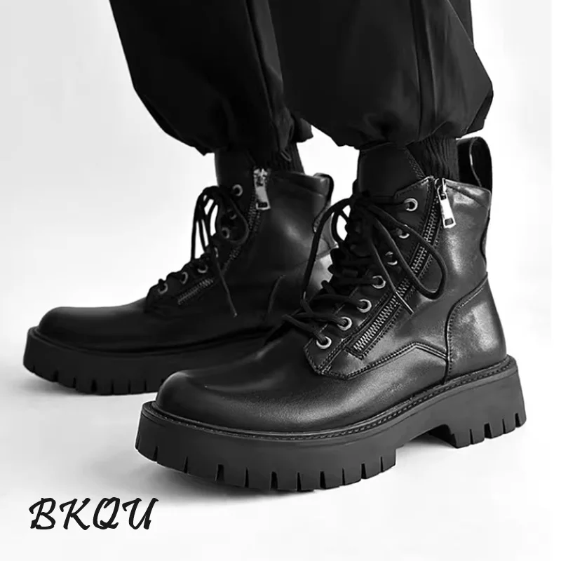 

BKQU Men's British Style Advanced Sense of Thick Sole Increase Locomotive Work Boots Side Zipper Black High Top Shoe Tide