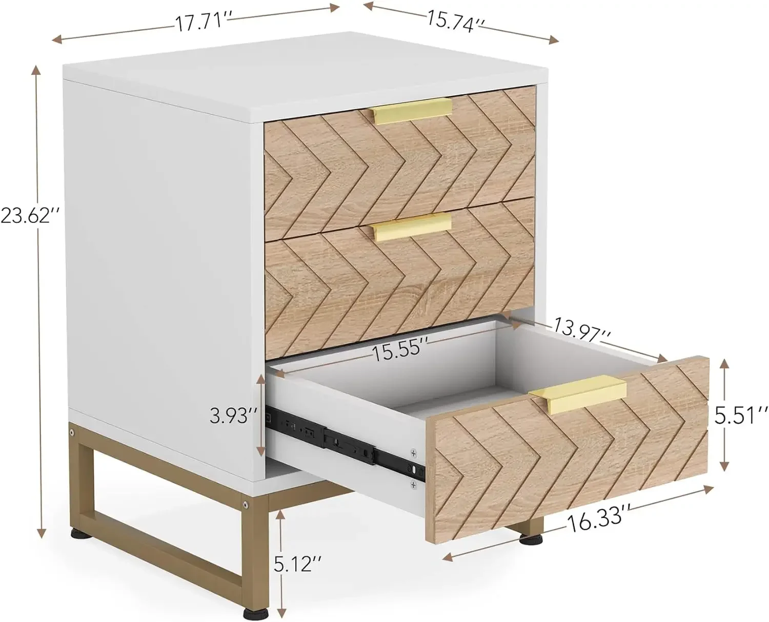 Nightstand Set of 2, Modern 3 Drawers Bedside Table with Unique Zig Zag Design, White Gold Side End Table Set of 2 for Bedroom