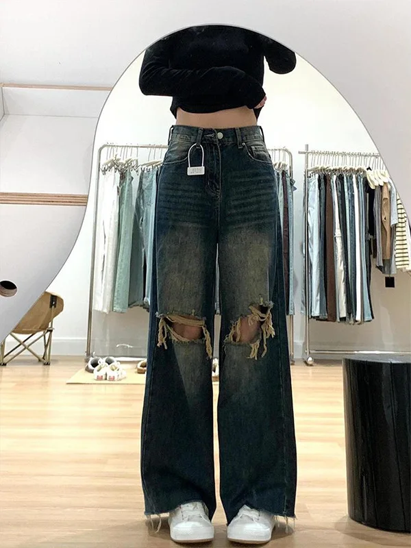

plus Size Women's Vintage Ripped Straight Leg Jeans Summer New Sle Slimming Loose Wide Leg Pants Casual Wear for plus Size ...