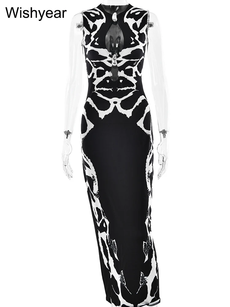 Wishyear sukienka z nadrukiem dla kobiet moda czarna O Neck bez rękawów obcisłe sukienki z wycięciem seksowna impreza urodzinowa bal Clubwear 2025