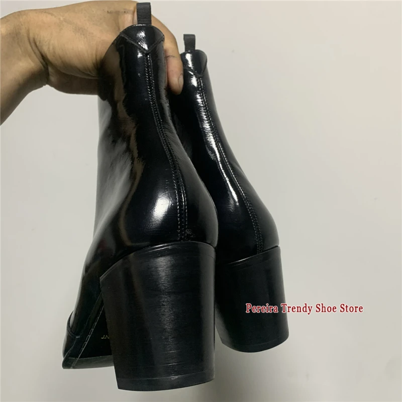 Men's Patent Leather Chelsea Boots Autumn Winter New Pointy Toe 6CM High Heels Short Boots Fashion Party Banquet Dress Shoes