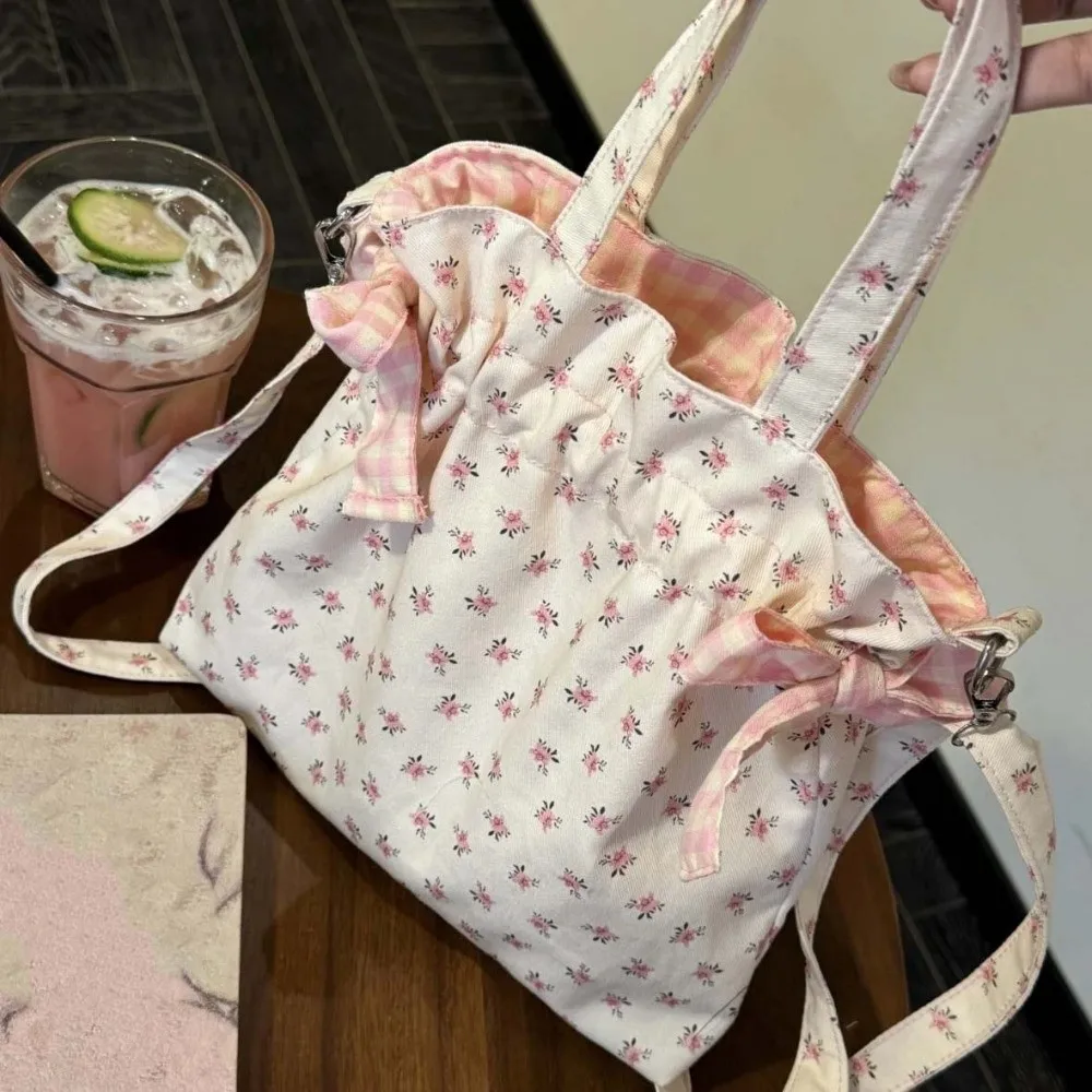 3-in-1 Floral Crossbody Bag Ruched Gingham Convertible Small Tote Versatile Washable Pink Bowknot Handbag Vacation