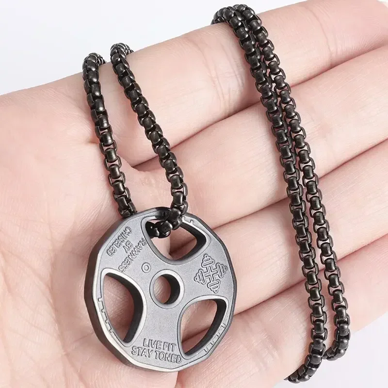 Titanium Steel Dumbbell Pendant Gym Fitness Equipment Barbell Necklace Domineering Muscular Men Fitness Leisure Sports Jewelry view 2