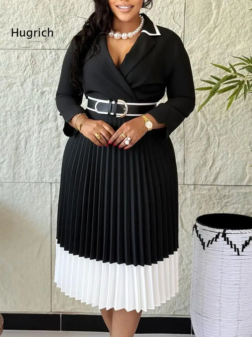 Solid Color V Neck Midi Dress Women Structured Collar And Flowy Pleated Hem Ideal For Daily Or Professional Setting