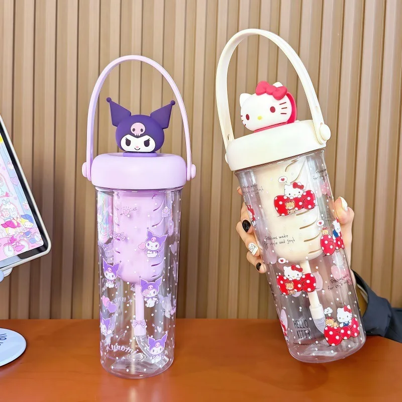 

2026 New Sanrio Kawaii Hello Kitty Straw Plastic Cup Japanese Cartoon Kuromi Melody Large Capacity Water Cup Children's Gift