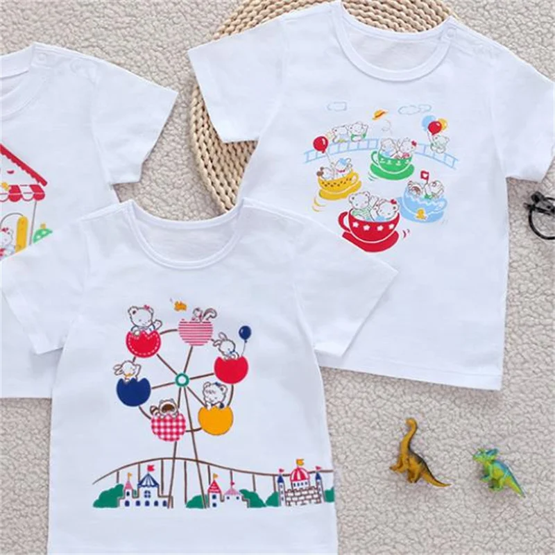 

Children's clothing boys and girls cartoon bear rabbit print short-sleeved t-shirt children's summer short-sleeved top