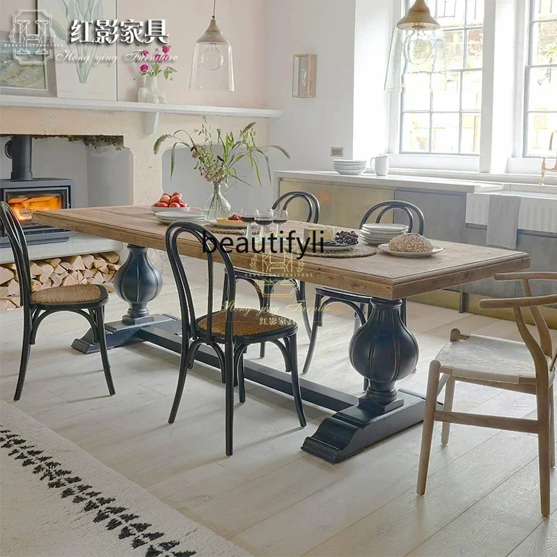 

02 Log solid wood dining table Neoclassical rectangular table Simple American restaurant Multi-person dining table