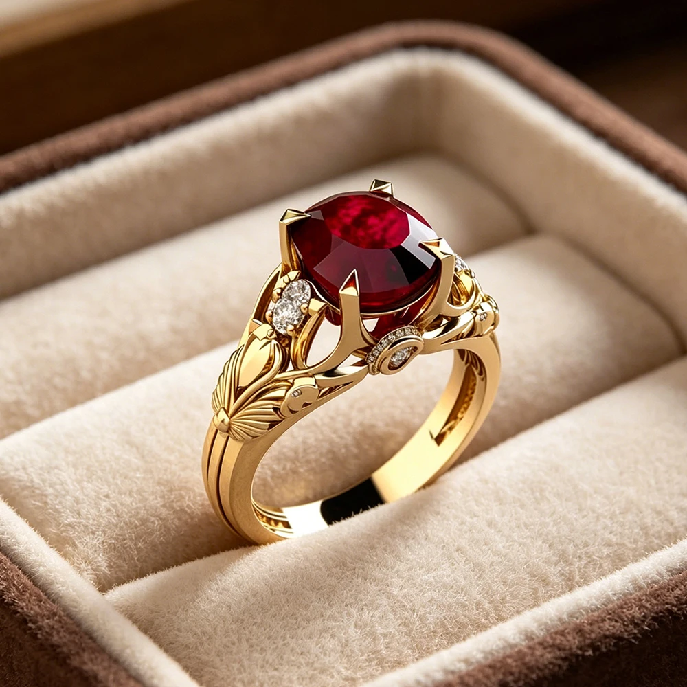 Retro Art Deco Yellow Gold Ruby Statement Ring Oval Cut Red Corundum with Paved CZ Stones Bridal Wedding Band for Women