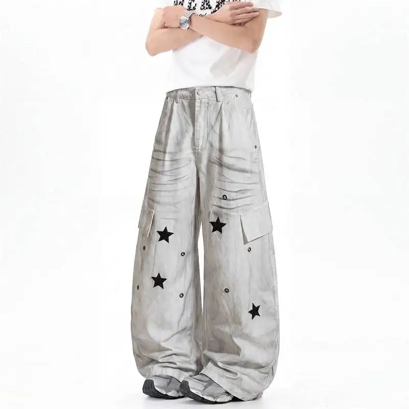 Handdyed Distressed Catear Star Print Men's Baggy Jeans Loose Wide Leg Floor Length Curved Denim Cargo Pants Casual