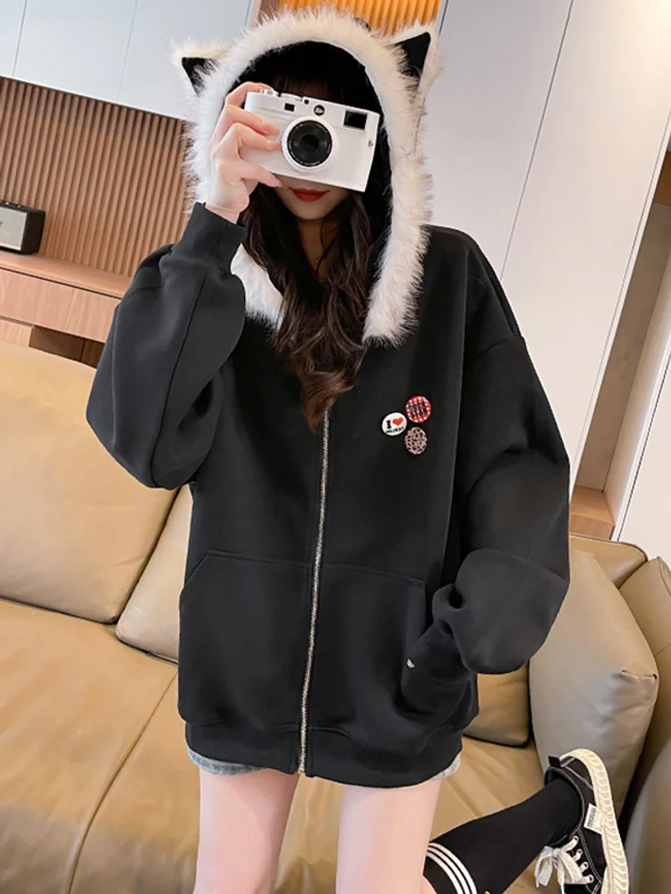 American Fashion High Street Style Hooded Coat Sweet Girl Black Spring Autumn Loose Casual Cute Cat Ears Casual Soft Zipper Coat