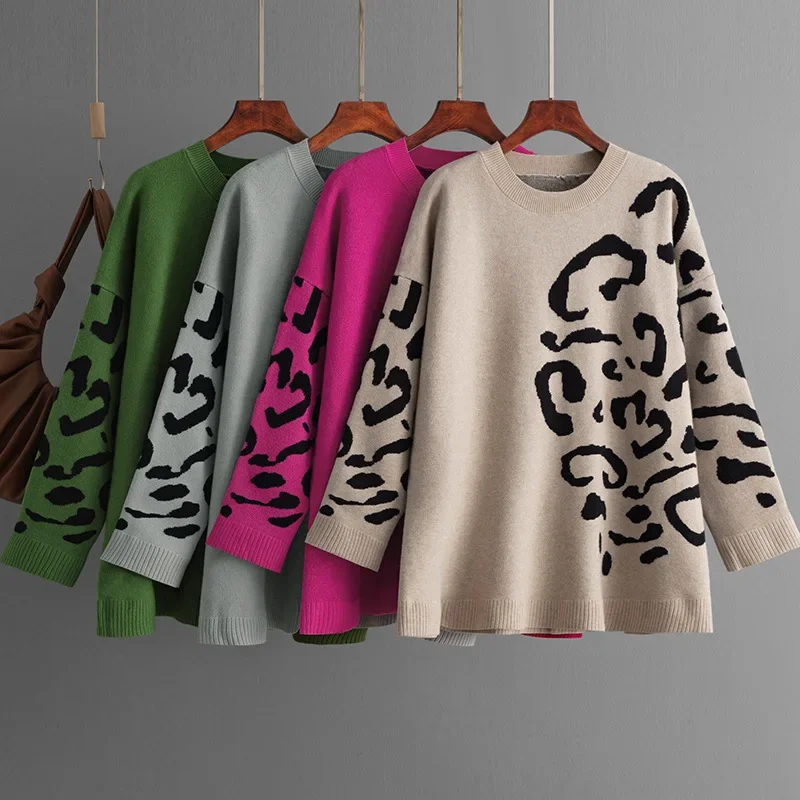 Fashion Knitted Jacquard Sweater Women Pullover 2024 Autumn Winter O Neck Pullover Leopard Print Long Sleeve Long Base Sweater