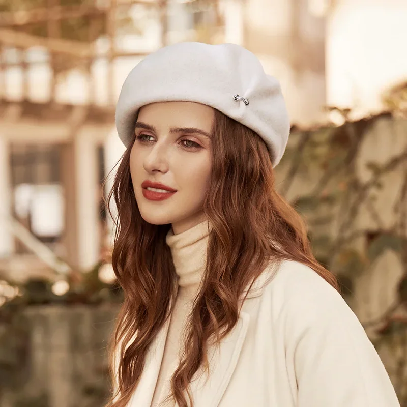 Elegant Ladies Wool Beret British Vintage Painter Hat 100% Woolen With Diamond Warm Felt Hat Berets Women's Cashmere Gorras - Image 4