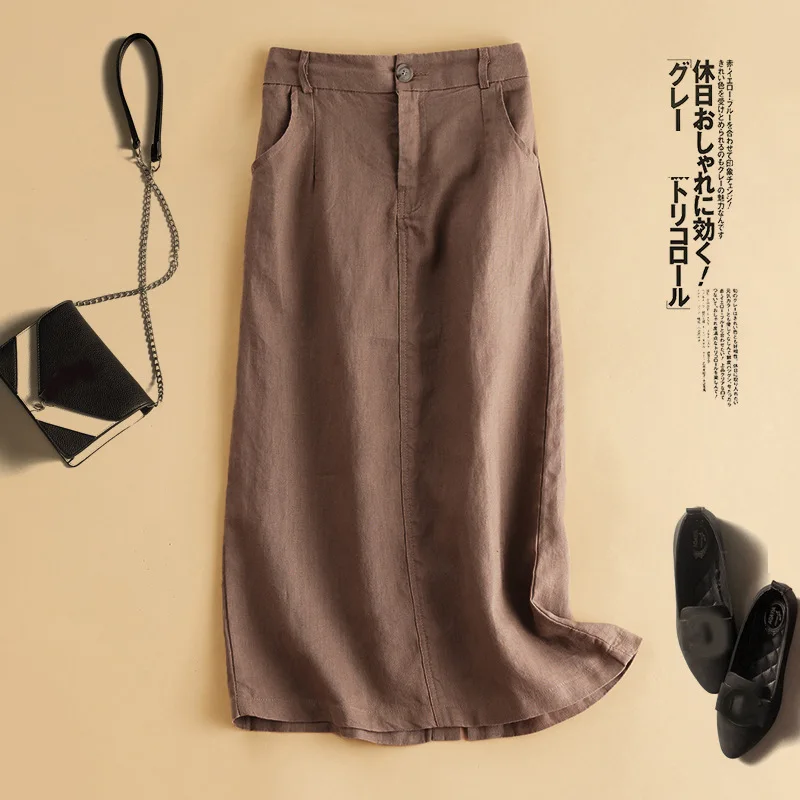 High waist cotton linen half skirt female spring and summer new fashion chic elegant retro long section package hip half skirt