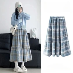 Blue Cake Skirt Women's Autumn and Winter High Waisted Kawaii Fashion A-line Skirt Japanese Retro Medium Length Plaid Skirt