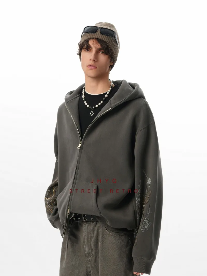 سويت شيرت بقلنسوة برشام عالي التحمل من American Retro Fashion Trend فضفاض كاجوال للخريف والشتاء سترة صوفية أنيقة للرجال