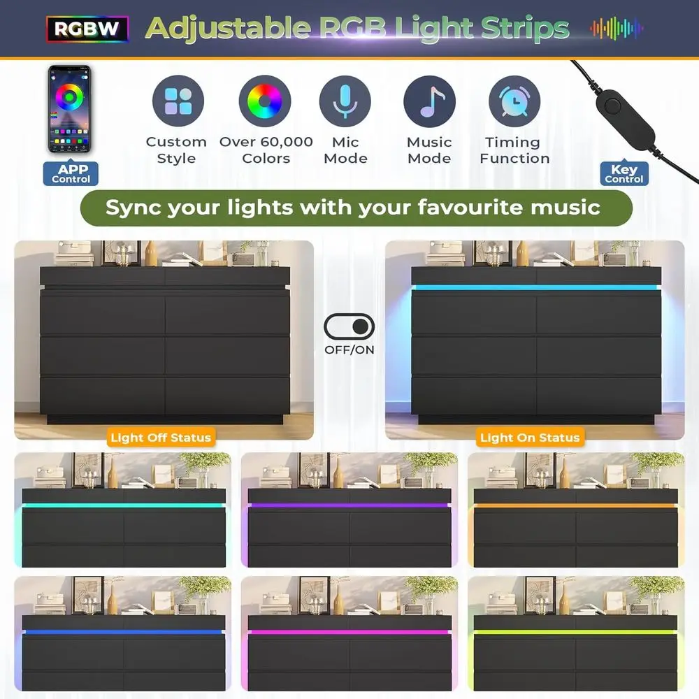 Komoda DAFIFY z 6 szufladami i wysuwanym blatem, szeroka komoda z stacją ładującą i oświetleniem LED, duża wieża do przechowywania ubrań