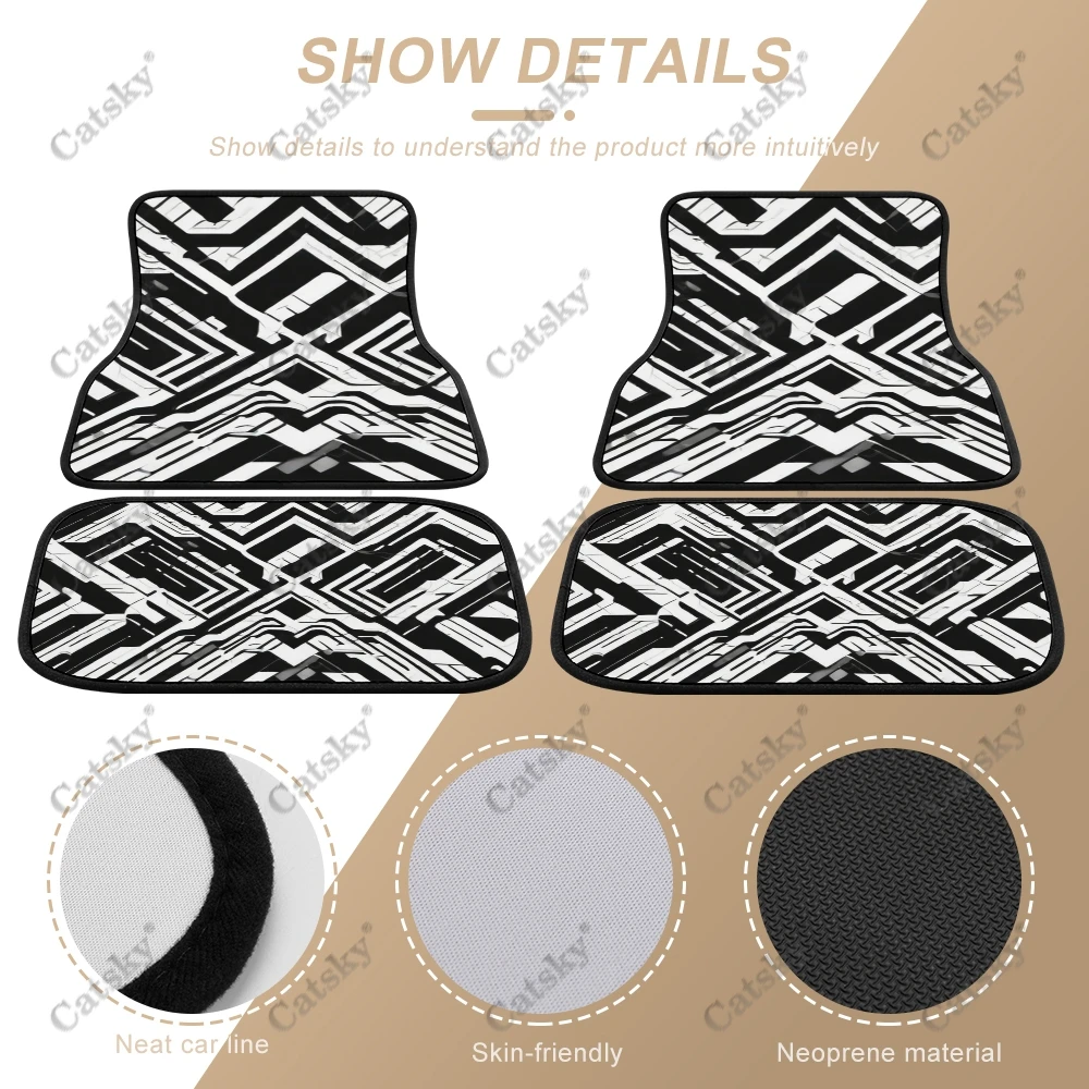 Black And White Geometric Pattern Car Auto Floor Mats Carpet, Customized Car Floor Mats All Weather Automotive Floor Pad Stylish