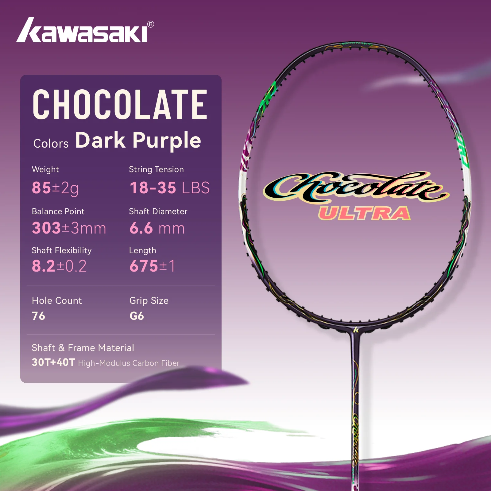 Kawasaki CHOCOLATE ULTRA 4U Carbon Badminton Racket 6.6mm Shaft 18-35LBS High Tension Speed Singles/Doubles Professional Racket