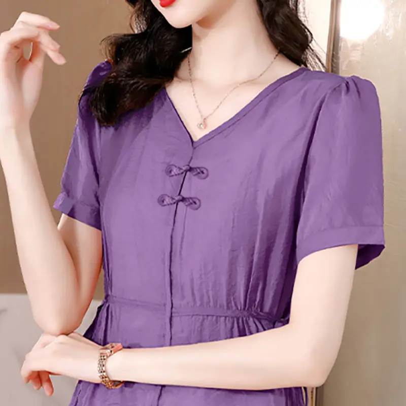 

Fashionable Thin V-neck Ice Silk Chiffon Short Sleeve Women's New Summer T-shirt with Waist-cinching Top