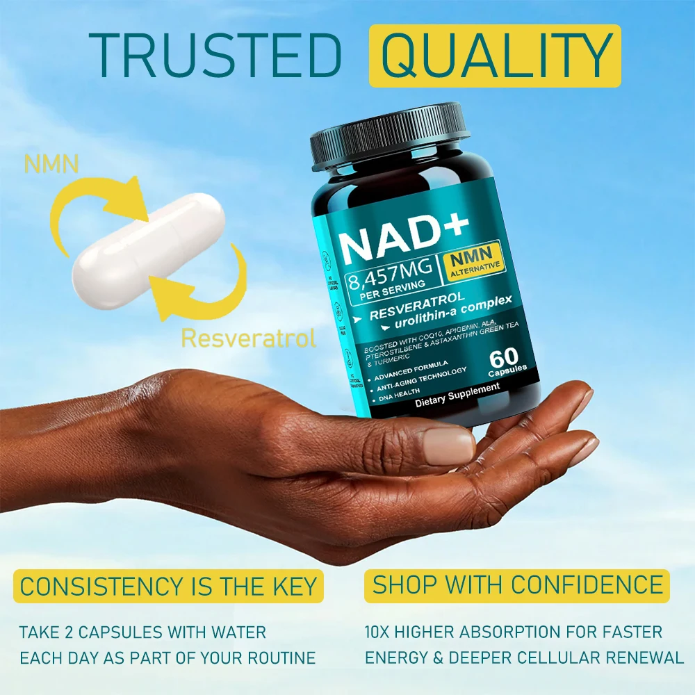 NAD Supplement 8457mg, Plus for Energy, Focus, Skin & Anti-Aging Support - NMN Alternative Liposomal + Green Tea, 60 Capsules