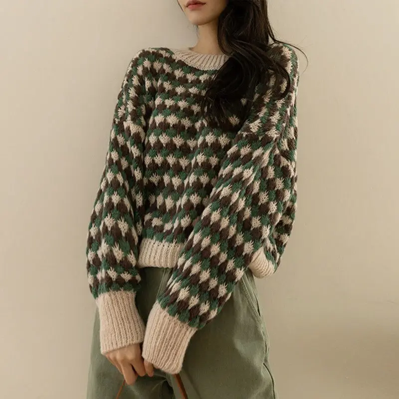 

2024 Women's Classic Sweater Round Collar Korean Print Loose and Versatile Knitted Western Autumn-Winter Fashion Pullovers M143