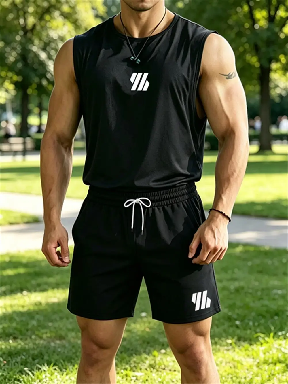 Nouvel ensemble de sport deux pièces pour homme 2026 : Gilet imprimé tendance à col rond et short respirant pour le fitness et la course à pied