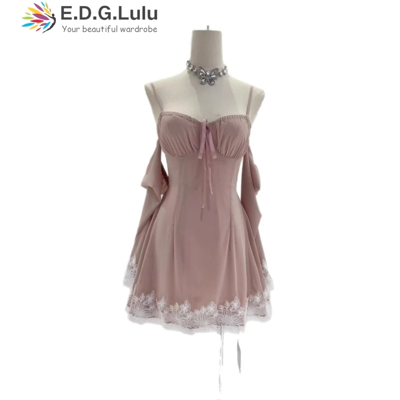 Edglulu design cetim retalhos renda mini vestido de festa mulher 2025 sem alças fora do ombro manga alargada vestido rosa 0821