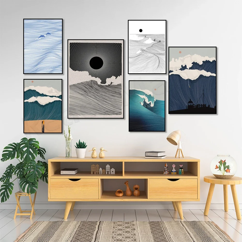 Nazare print, ocean lines, dolphin lines, wavy line art, surfing waves poster, surfing line art, surfing line minimalism
