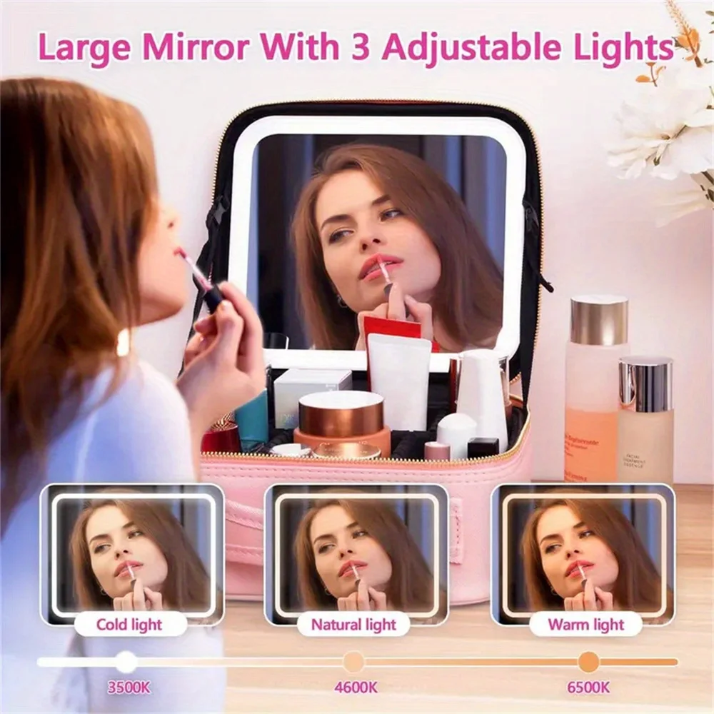 Travel Makeup Bag With LED Lighted Make Up With Mirror 3 Color Setting Cosmetic Makeup Box Organizer Vanity For Women