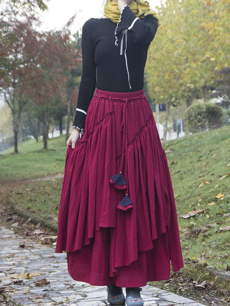 2022 New Cotton Linen Women Medieval Skirt Fashion Solid Retro Eid Style Irregular Hem Pleated Skirt Muslim Long Skirt