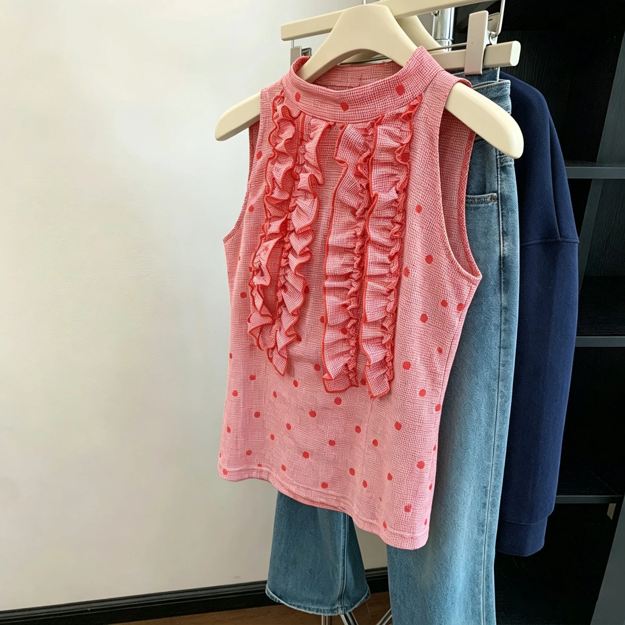 

Korean Sweet Girl Summer Sleeveless Vest Men Women Pink Texture Personality Cannon Shoulder Trendy Top Casual Style Slim...