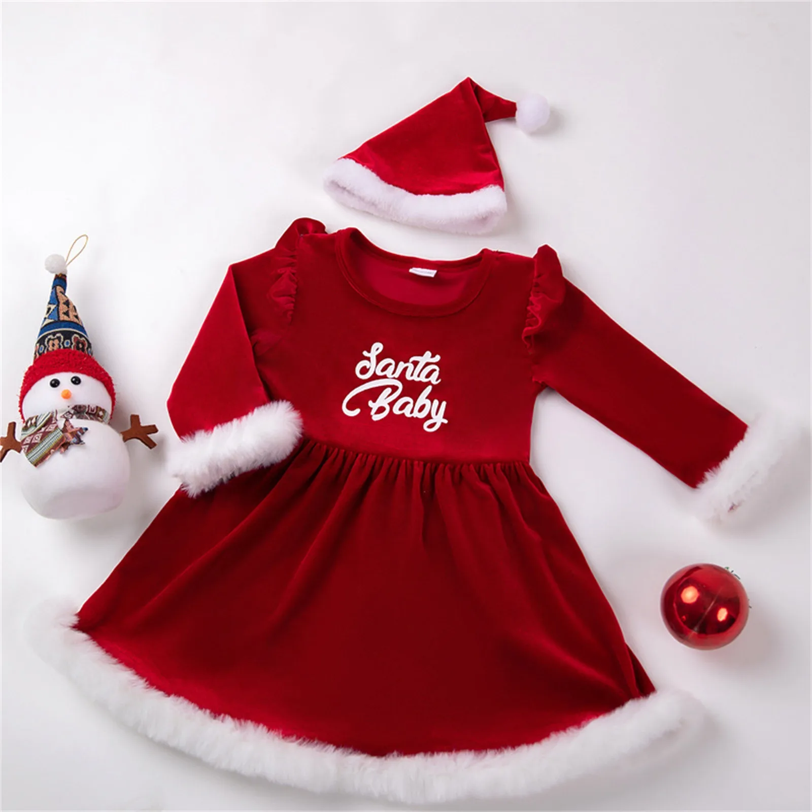 Newborn Baby Girl Christmas Outfit Newborn Santa Romper Dress Xmas Fleece Princess Dresses+Hat 2Pcs Outfit Girls Dress 0-4 Years