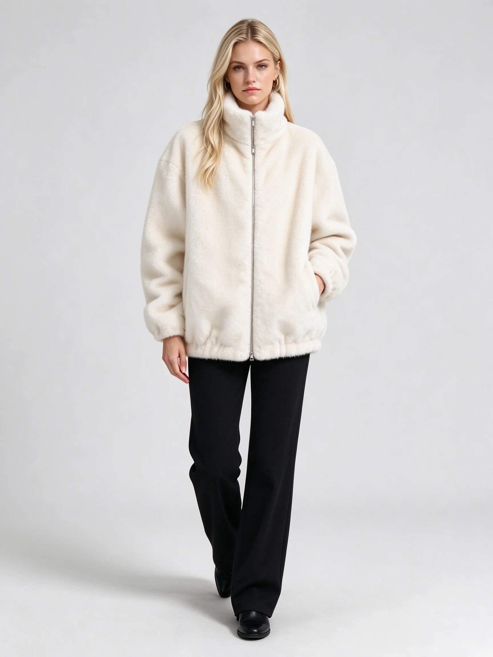 LIMO Women White Faux Mink Fur Jacket Zip Up Stand Collar Loose Warm Winter Coat
