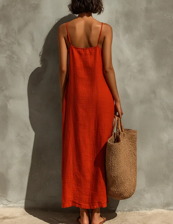 Damenkleid in Unifarbe mit Verstellbaren Trägern und Quadratischem Ausschnitt im Bohemian-Urlaubsstil – Detail 5